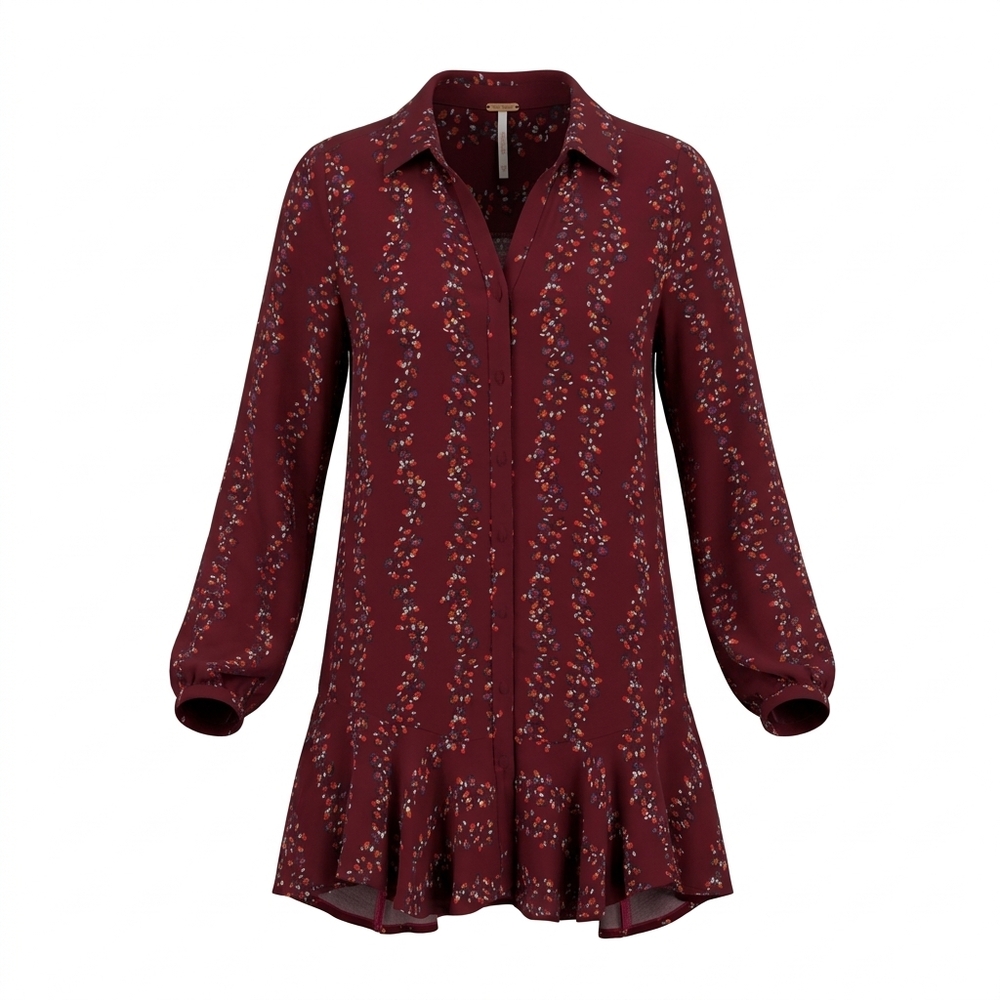 Free People burgundy floral button front shirt dress with long sleeves, split ne